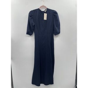 NWT Orly Paris Midi Dress Women's 2 Navy Blue Blue Puff Sleeve Classic Fashion
